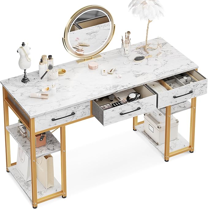 ODK Vanity Desk with 3 Fabric Drawers &amp Storage Shelves Makeup Dressing Table Home Office Desks for Bedroom Small Modern Writing Desk for Girls Bedroom White and Gold 48x16 (No Mirror)