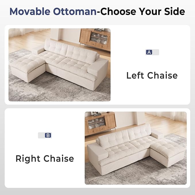 Cloud Sectional Boneless Sofa with Ottoman Modular L Shaped Couch with Layered Cushion Fluffy Comfy Couches for Living Room No Assembly Beige