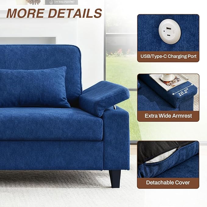 79'' Deep Seat Sofa for Living Room Mid Century Modern 3 Seater Couch with Adjustable Armrests &amp Charging Ports Navy Blue Loveseat for Apartment Home Office