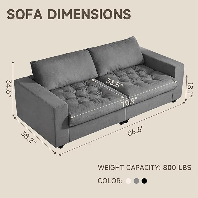 87'' Sofa Couch with Hidden Storage Space Modern Sofa for Living Room Comfy Upholstered 2-Seater Large Couch with Extra Deep Seat for Apartment Gray