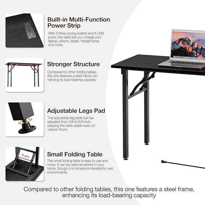 TEMI Small Computer Desk Folding Table - No Assembly Compact 44.3 Foldable Desk with Power Outlets &amp USB Charging Port Portable Small Office Desk Ideal Mini Study Table Dark Oak