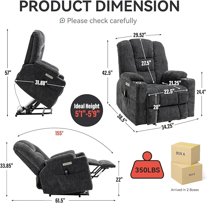 Large Power Lift Recliner Chair with Massage and Heat Overstuffed Wide Living Room Recliner Chairs Comfy Bedroom Recliners for Adults Lazy Boy Reclining Chair for Small SpacesGrey