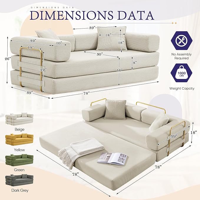 Convertible Folding Sofa Bed Corduroy Sleeper Mattress Couch with Fixed-Shape Frame Free Combination Loveseat Lounge Floor Sofa Queen Size Memory Foam Couch for Living Room Bedroom Beige