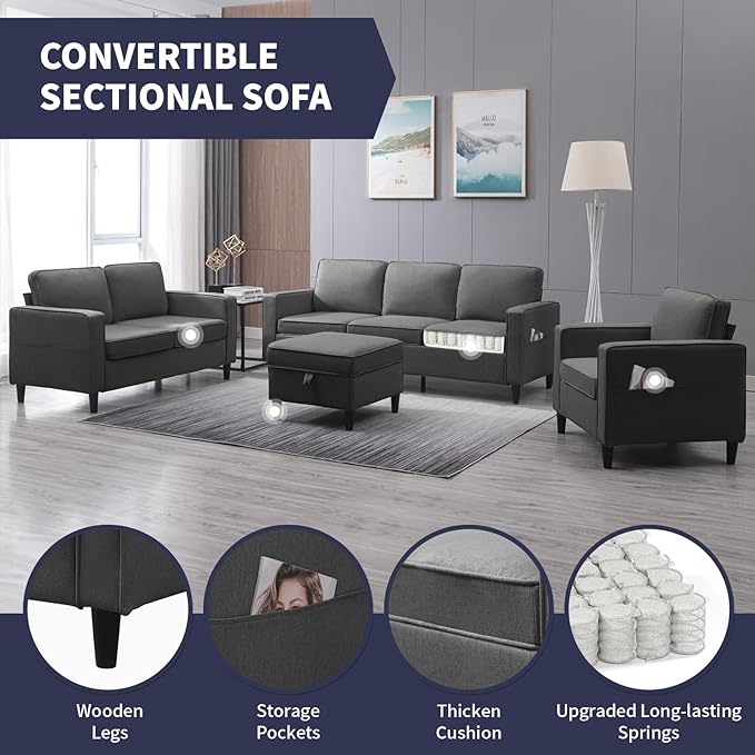 3 Pieces Living Room Sofa Set Linen Couch and Loveseat &amp Chair Sets with Ottoman &amp Armchair Modular Sectional Sofa Couch Furniture Set Wood Legs Sofas Couches for Living Room - Dark Grey