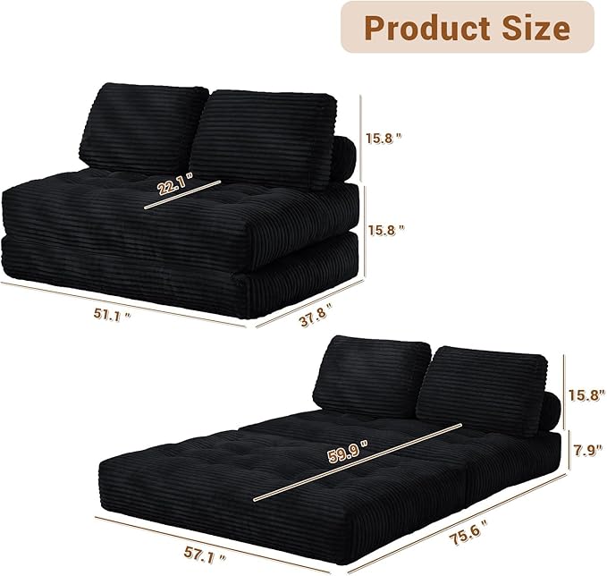 Folding Sofa Bed Convertible Loveseat Sleeper Chair with Pillow Portable Floor Couch for Living Room and Bedroom Comfy Floor Lounge Chair Bed for Small Spaces Black
