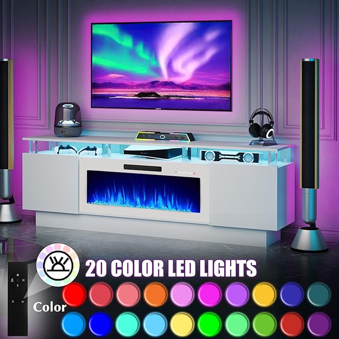 70 Modern Fireplace TV Stand with 36 Electric Fireplace for TVs Up to 80 inch Luxury LED Light Entertainment Center with High Gloss Cabinet (White with White Fireplace 70 (8 Acrylic Posts))