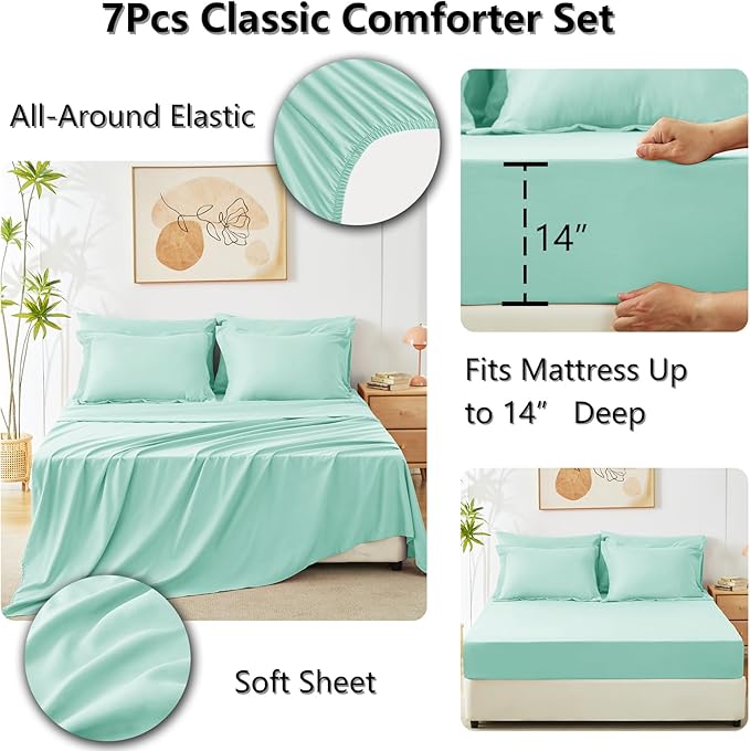 CozyLux Full Size Comforter Sets Mint Green - 7 Pieces Bed in a Bag Full Luxury Soft Bed Set for All Seasons Bedding Set with Down Alternative Comforter Sheets Pillowcases &amp Shams