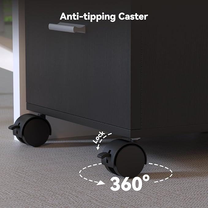 3 Drawer File CabinetMobile on WheelsPre-Assembled Black Wooden Storage Organizer for A4/Letter FilesUnder Desk Printer Stand19 L x 16 W x 22 H