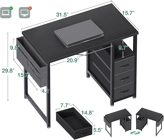 AODK 32-Inch Small Computer Desk with Fabric Drawers Kids Girls Teen Study Writing Desk for Bedroom Home Office Desk for Small Space Black