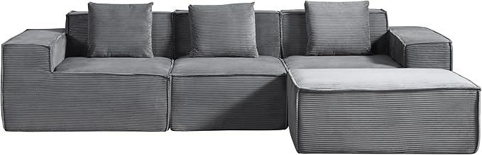 Rowan Convertible Corduroy Sectional Couch with Ottoman &amp Pillows Modular L Shaped Sleeper Sofa Boneless Cloud Couch for Living Room Furniture Dark Grey