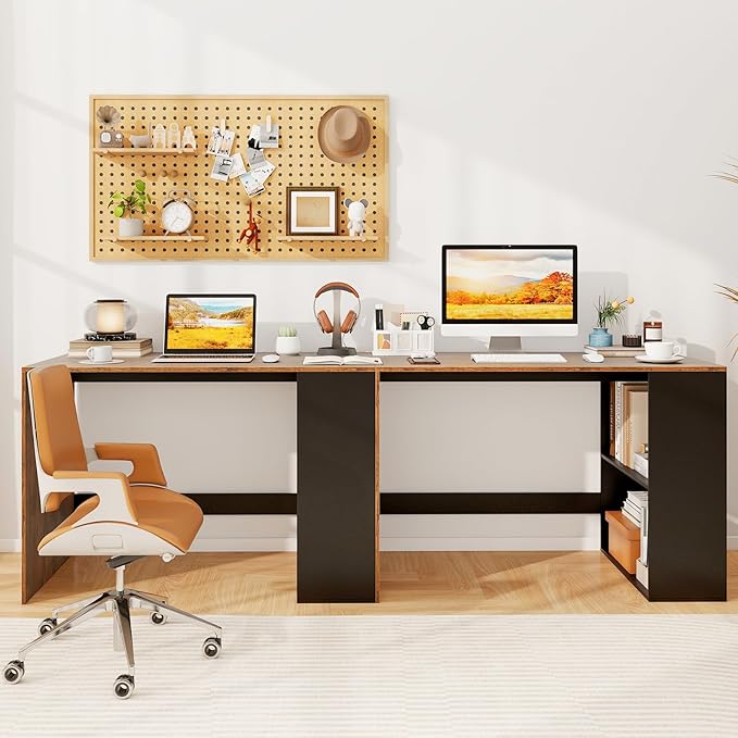 Giantex Small Desk with Bookshelf 44 Inch Modern Computer Desk for Small Spaces Laptop PC Desk Vanity Table for Bedroom Study Writing Desk for Home Office (Black+Rustic Brown)