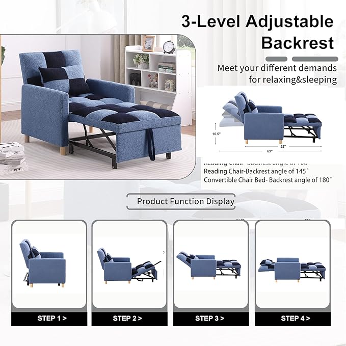 3-in-1 Convertible Chair Bed Single Sofa Bed Pull Out Sleeper with Adjustable Backrest Lounger for Living Room (Blue)