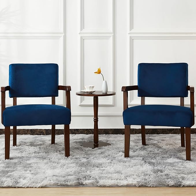 Accent Chair Set of 2 with Table Living Room Chairs with Velvet Soft Seat &amp Armrests for Living Room Bedroom Reading Room Waiting Room (Velvet Navy)