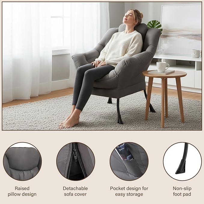 Welnow Lazy Chair for Living Room Modern Reading Accent Chair with Armrests and a Side Pocket Leisure Upholstered Lazy Sofa for Small Space Bedroom Dorm Dark Grey