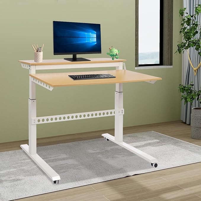 2-Tier Standing Desk with WheelsHeight Adjustable Standing Desk with Monitor StandMobile Computer Workstation for Home Office
