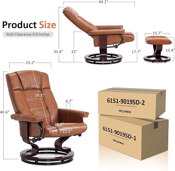 MCombo Manual Swivel Recliner with Ottoman Chair Ottoman Set for RV Small Spaces Living Room Bedroom Office 9019 4919 (Faux Leather Saddle)
