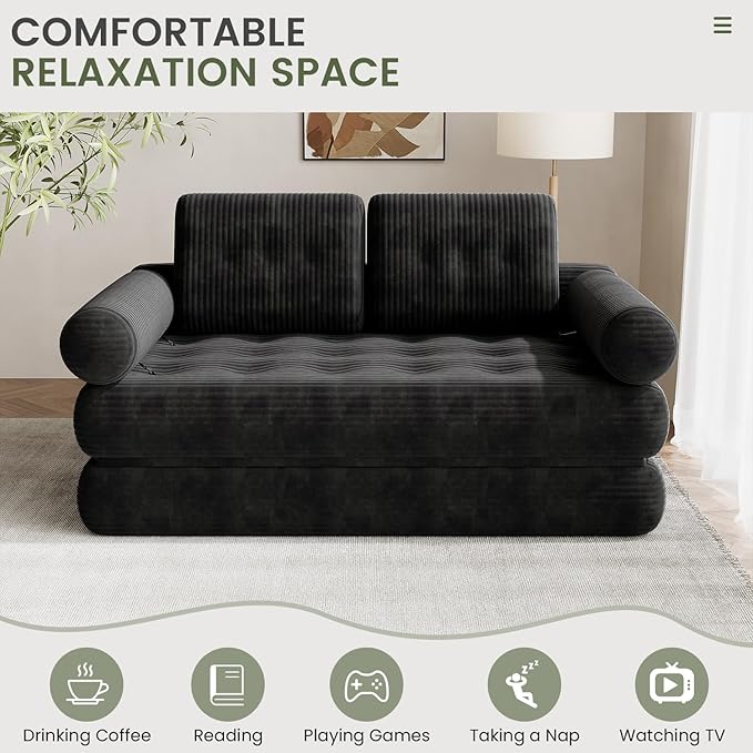 59 Convertible Sofa Bed 5-in-1 Folding Loveseat Sleeper Chair with Pillows Removable Armrests Fold Out Boneless Couch Futon Floor Mattress Lounge for Apartment Dorm Living Room - Black Full
