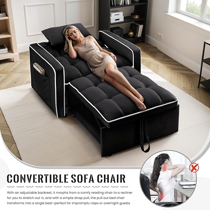 3 in 1 Velvet Sleeper Chair Pull Out Bed Convertible Single Sofa Bed Futon Modern Tufted Chair with Adjustable Backrest Pullout Sleeper Sofa Chair for Bedroom Living Room Indoor Lounge(Black)