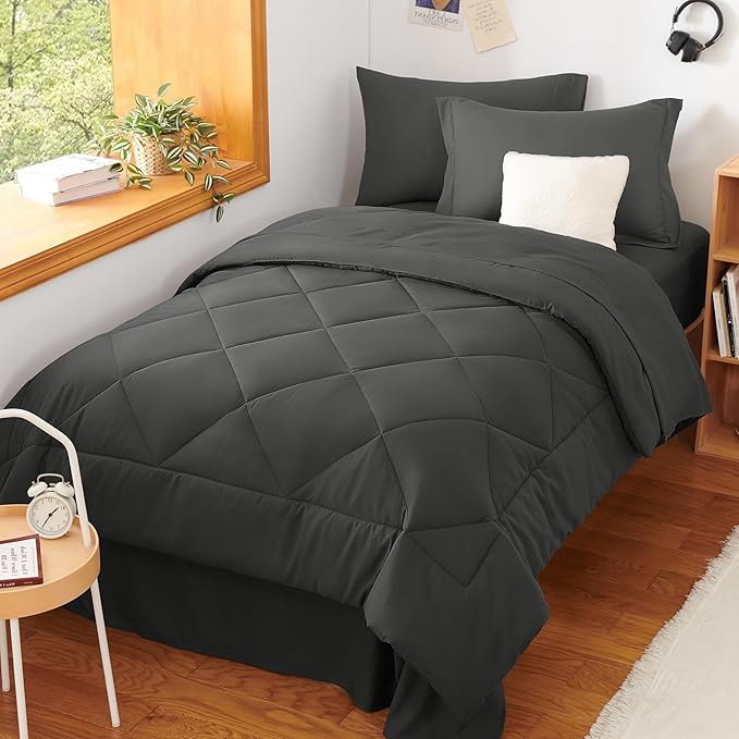 CozyLux Twin XL Comforter Set Dark Grey - 5 Pieces Twin Extra Long Bed in a Bag for College Dorm All Season Bedding Set for Girls and Boys Soft Bed Set with Comforter Sheets Pillowcase &amp Sham