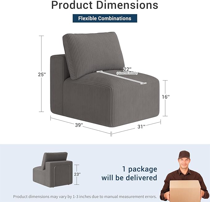 Modern Single Boneless Sofa Couches for Living Room - 39 Cloud Couch - Easy Assembly Cozy Corduroy Convertible Full Sponge Compression Sofas for House Apartment(Grey)