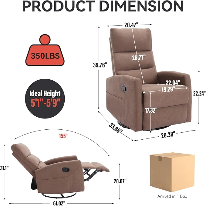 Swivel Rocker Recliner Chair for Adults Rocking Recliner Chair Rocker Nursery Glider ChairRocker Recliners for Small Spaces Manual Recliner Single Sofa for Living Room NurseryRV(Brown)
