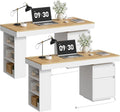 55'' Modern Executive Desk with Drawers Set of 2 Wooden Computer Desk with File Drawer and Charging Station 3-Tier Open Side Shelf for Home Office and Living Room Natural and White