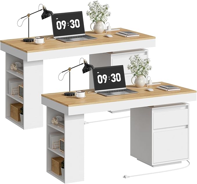 55'' Modern Executive Desk with Drawers Set of 2 Wooden Computer Desk with File Drawer and Charging Station 3-Tier Open Side Shelf for Home Office and Living Room Natural and White