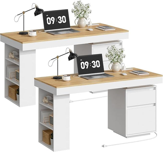 55'' Modern Executive Desk with Drawers Set of 2 Wooden Computer Desk with File Drawer and Charging Station 3-Tier Open Side Shelf for Home Office and Living Room Natural and White