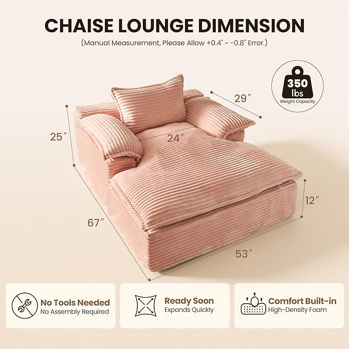 Chaise Lounge Chair Indoor Oversized Sleeping Couch 67L *53W Assembly Free Modern Minimalist Sofa With Comfy Curved Armrest Extra Deep Large Single Sofa for Living Room(Pink Plush Fabric)