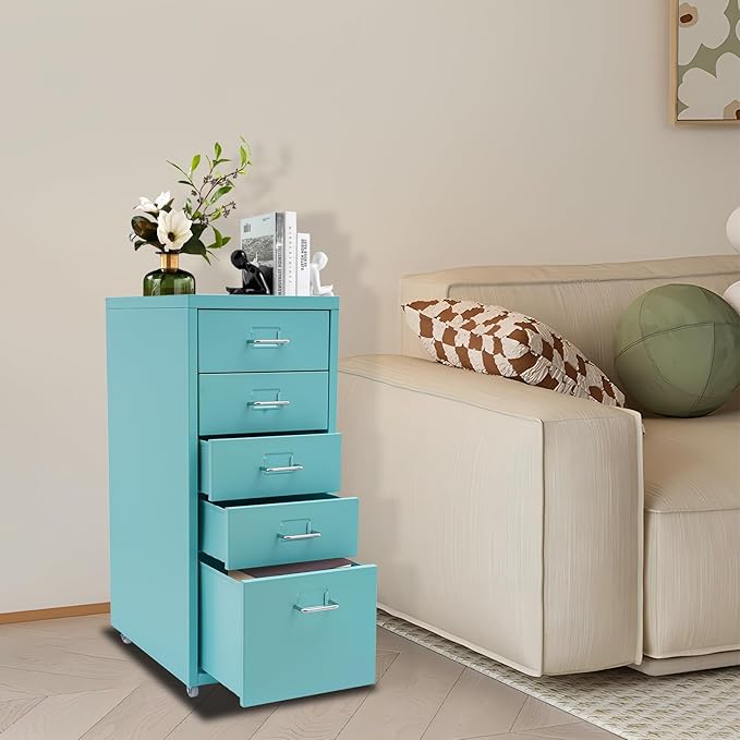 5 Drawer File Storage Cabinet Side Storage Organizer Freestanding Storage Drawer Office Filing Cabinet Stand Rolling Storages Dresser with Wheels11 * 16.1 * 27.1in(Blue)