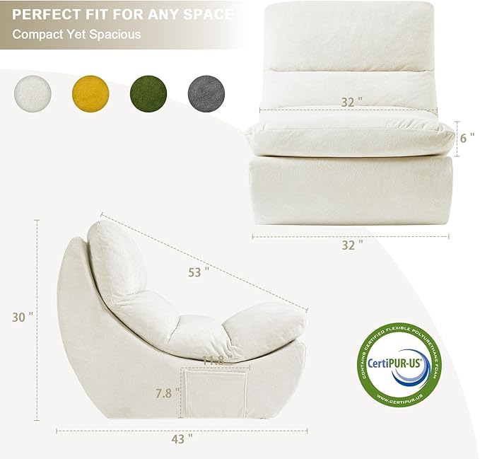 Comfy Reading Chair for Adults Modular Sectional Sofa Bean Bag Chair Cloud Boneless Couch Style with High Rebound Foam Single Seat Compressible Sofa for Living Room &amp Bedroom Beige