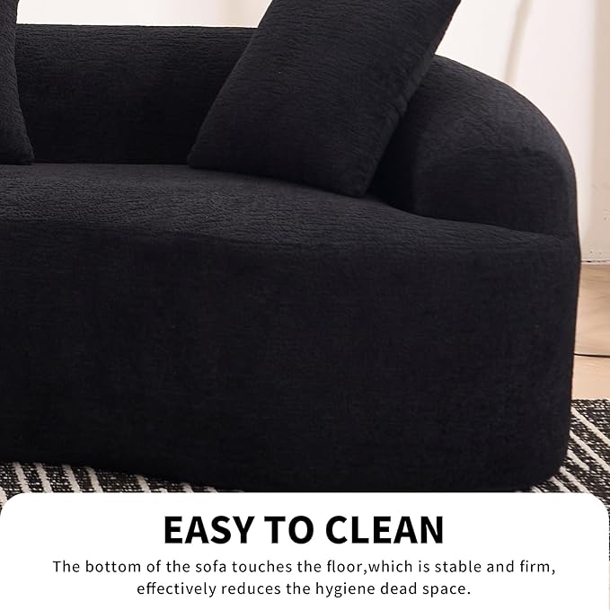 110 Black Curved Boneless Couch with Cushions Modern Cloud Sofa for Living RoomChenille Sectional Minimalist Deep Seat Luxurious No Assembly