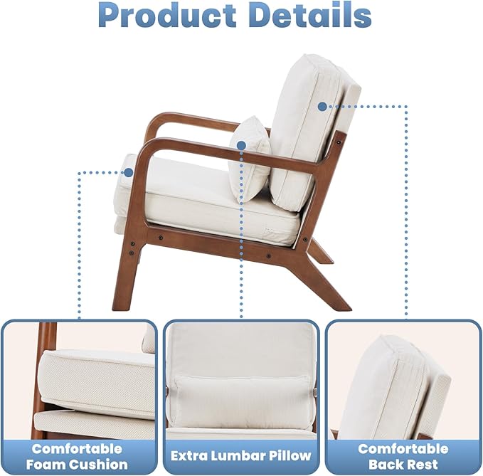 DUMOS Accent Chairs Set of 2Mid Century Modern Chair with Arms and Waist Cushion Reading Chairs for Adults Lounge Chair for Living Room and Bedroom Solid Wooden Frame Cream