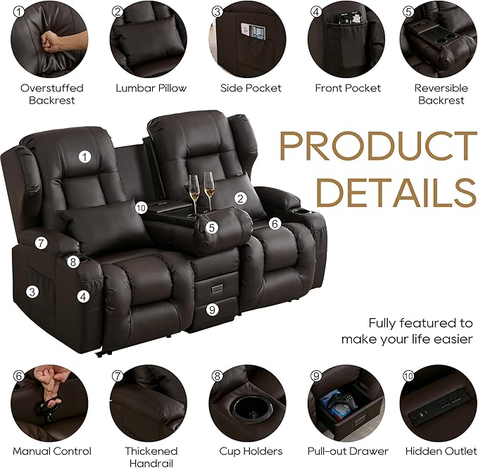 DRMBOOK RV Loveseat Recliner Sofa Double Wall Hugger Reclining Couches Manual Reclinable Movie Seating 2 Person Recliner for Travel Trailer (Leather Brown 2 Seater with Reversible Console)