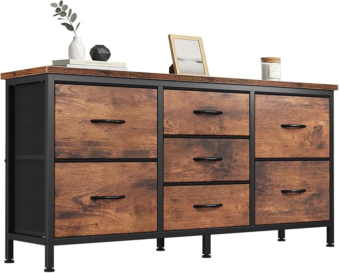 DUMOS TV Stand 7 Drawer Dresser for Bedroom with Storage TV Stands for Living Room Grey Farmhouse Entertainment Center Media Console Table with Metal Frame Adjustable Feet