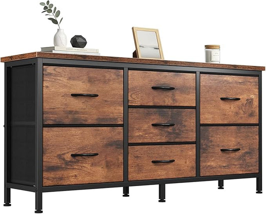 DUMOS TV Stand 7 Drawer Dresser for Bedroom with Storage TV Stands for Living Room Grey Farmhouse Entertainment Center Media Console Table with Metal Frame Adjustable Feet