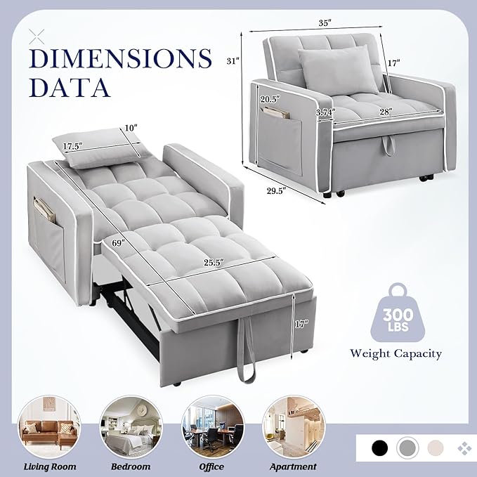 3 in 1 Convertible Sleeper Sofa Chair BedVelvet Tufted Upholstered Pull Out Sleeper Chair with Adjustable Backrest &amp Side PocketsModern Recliner Lounger Bed for Living Room/Office/Small Space(Gr