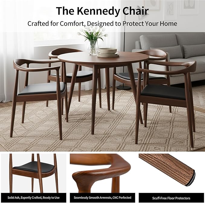 Tomile Hans Wegner Kennedy Armchair Mid Century Modern Upholstered Dining Chair with PU Leather Cushion Solid Wood Frame and Curved Backrest Fully Assembled Kennedy Chair for Dining Room (Walnut)