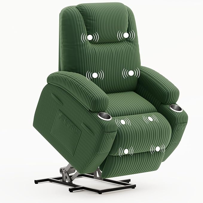 Flamaker Power Lift Chair Massage Recliner Chairs for Elderly Corduroy Ergonomic Design with Cup Holders &amp Side Pockets Remote Control (Green)