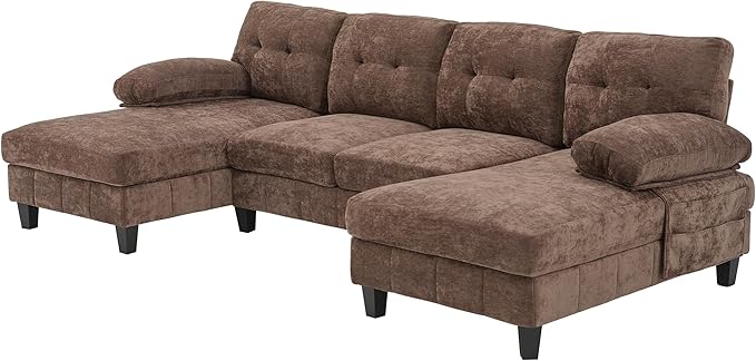 103.5 U-Shaped Sectional Sofa Modern Chenille Fabric Couch with Dual Chaise Lounges Side Storage Pockets and Armrest Pillows for Living Room (Brown//16)