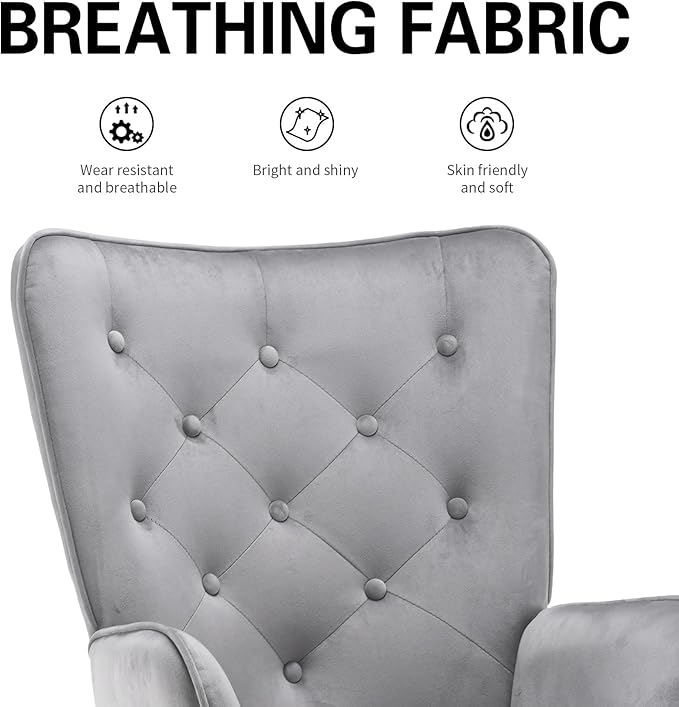 UNICOO Light Grey Velvet High Wingback Chair - Mid-Century Modern Design Vintage Button Reading Living Room Bedroom Office