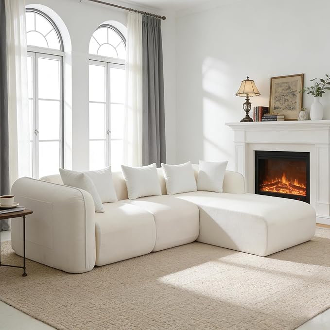 117’’ Chenille Fabric Boneless Couches for Living RoomModular Sectional Cloud Sofa |Fluffy Chenille Deep Seat No-Assembly Memory Foam Comfy Cloud Couch with L-Shaped Chaise (Beige)