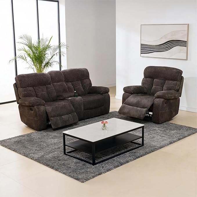 Manual Recliner SofaFlanne Reclining Living Room Furniture SetDouble Recliner Loveseat with Storage ConsoleSingle Reclining Chair for House/Office/Loft/RV/Apartment(Brown Flanne2+1)