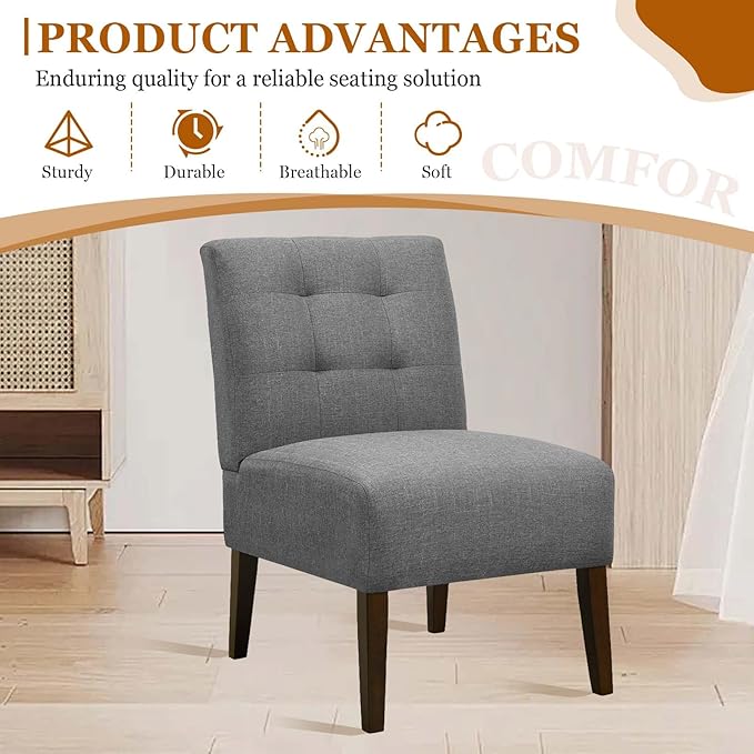 Modern Accent Chair for Living Room Upholstered Armless Slipper Chair with Back &amp Wood Legs Comfy Small Chair for Bedroom Living Room Reading Spaces Office (Gray2)