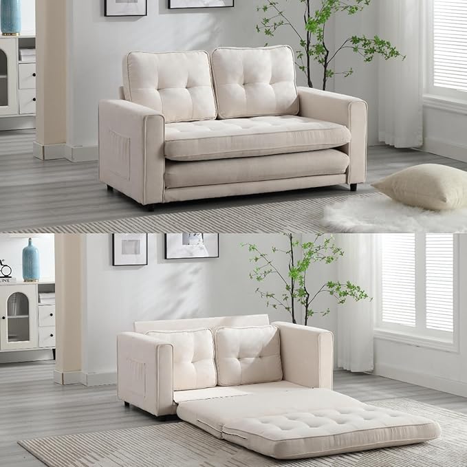 Futon Sofa Bed Convertible Folding Chaise Lounge for Compact Living Studio Bedroom Offices Dorm - Adjustable Pull Out Breathable Small Loveseat (Off White)