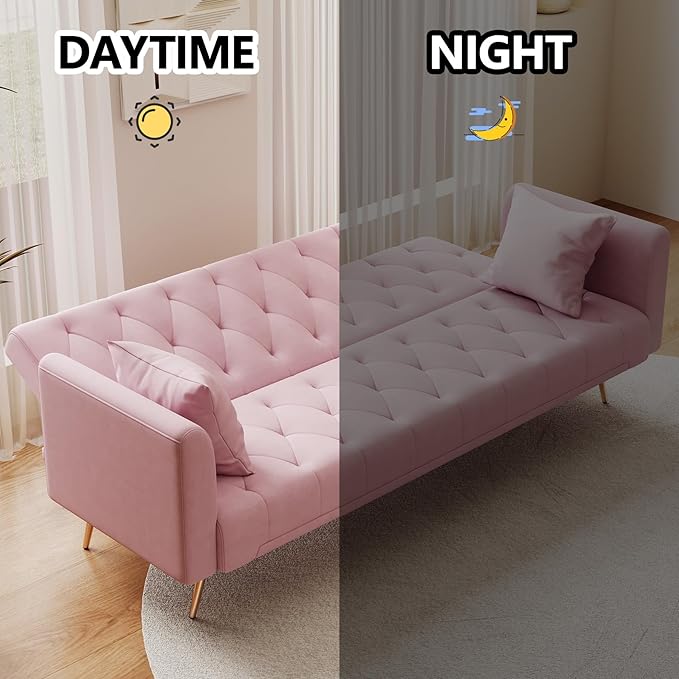 71 Pink Futon Sofa Bed Couch: Velvet Fabric Memory Foam 2 Pillows Gold Metal Feet Adjustable Tufted Backrest Convertible Folding Sleeper Loveseat for Living Room Bedroom Apartment (Pink)