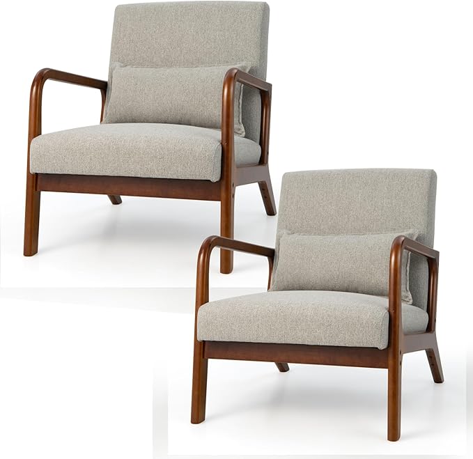 GORELAX Mid Century Modern Accent Chair Upholstered Lounge Armchair with Wood Frame &amp Lumbar Pillow Comfy Reading Chair for Living Room Bedroom Office (2 Grey)