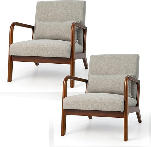 GORELAX Mid Century Modern Accent Chair Upholstered Lounge Armchair with Wood Frame &amp Lumbar Pillow Comfy Reading Chair for Living Room Bedroom Office (2 Grey)