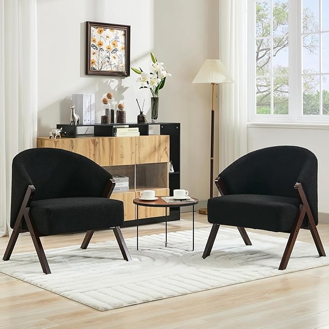 PU Leather Mid-Century Modern Accent Chair with Wooden Legs Comfortable Upholstered Reading and Leisure Chair for Living Room Bedroom and Waiting Room-Black