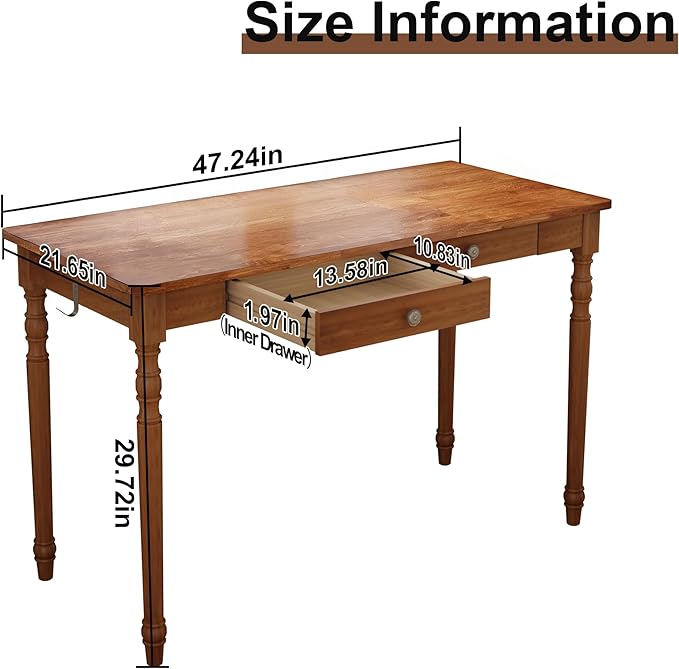 Vintage Solid Wood Writing Desk - 47.2 Mid Century Modern Desk with 2 Drawers Wooden Computer Desks for Home Office Large Secretary Desks Traditional Vanity Dressing Table for Bedroom Walnut